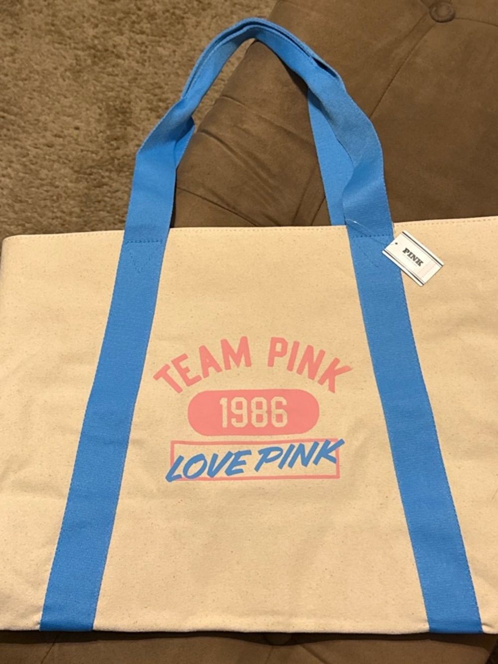 PINK Victoria's Secret Canvas Tote with Blue Straps